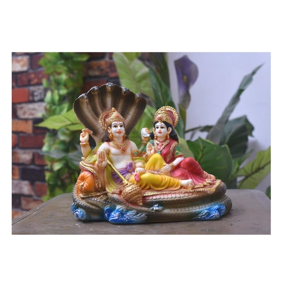 Zig Zag Lord Vishnu Laxmi Idol Vishnu Bhagvan Laxmi ji Sitting On SheshnagMurti Pooja Room, Home, Office, Diwali Gift (Multicolor, 8 Inches)