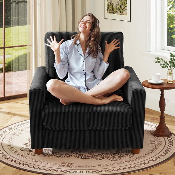 Welzona 35.5" Corduroy Accent Chair, Oversized Reading Armchair with 22.5" Deep Seat, Tool-Free Assembly, Black