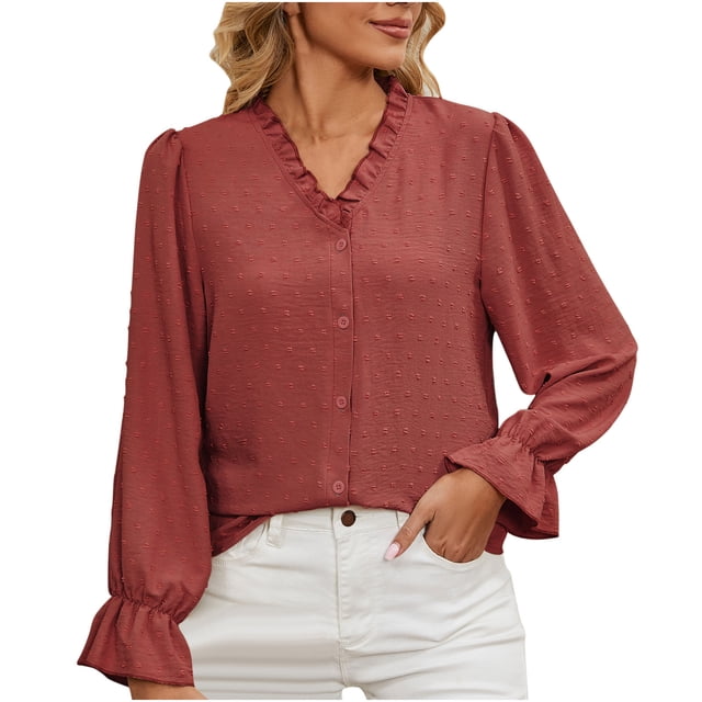 Long Sleeve Shirt Women Womens Ruffle V-Neck Solid Color Long-Sleeved Chiffon Shirt Top V Neck Tops for Women Short Sleeve Shirts for Women Long Sleeve Shirts Women