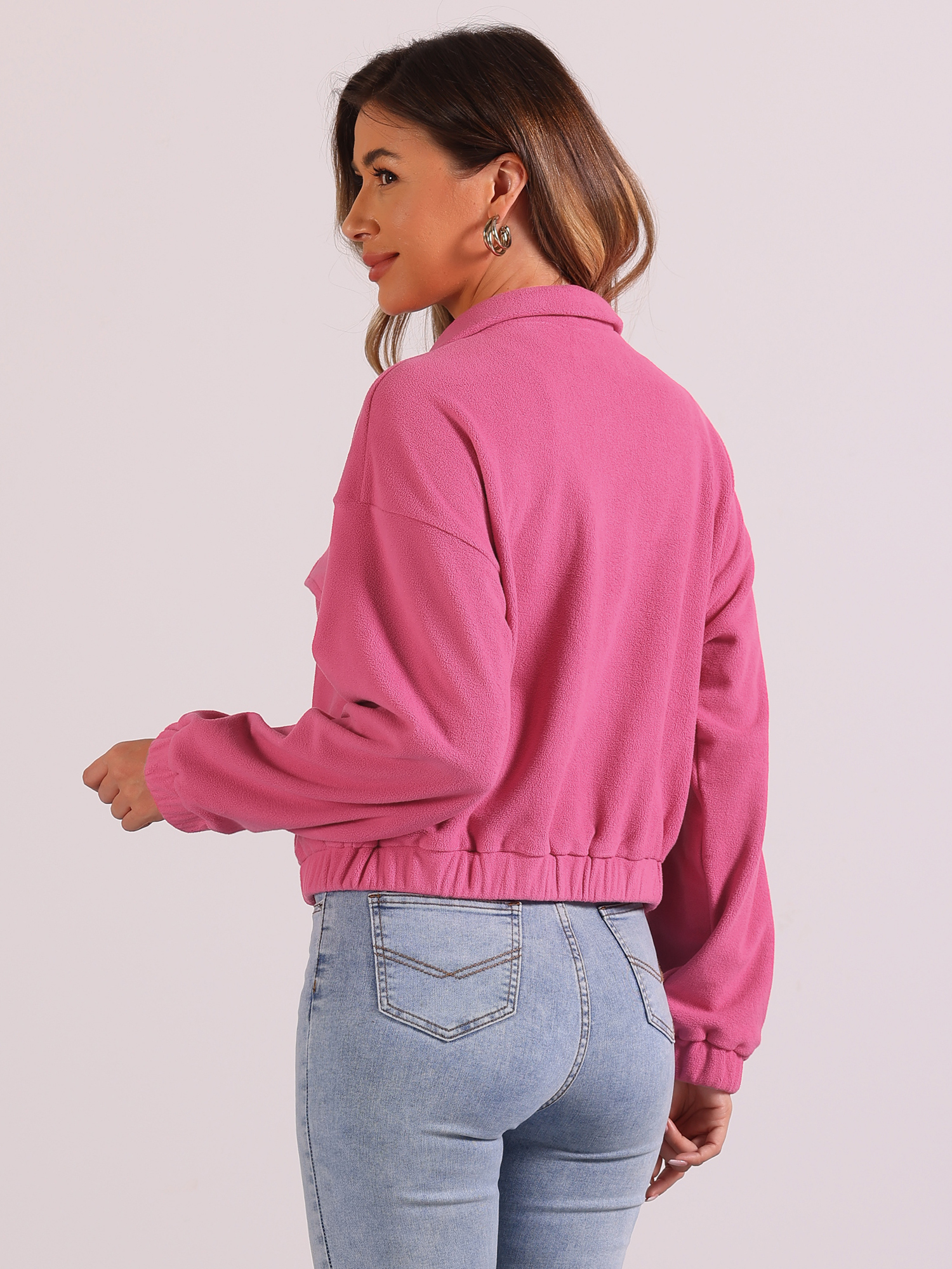 DARING DIVA Fuzzy Short Jacket Stand Collar Casual Crop Coat M Hot Pink