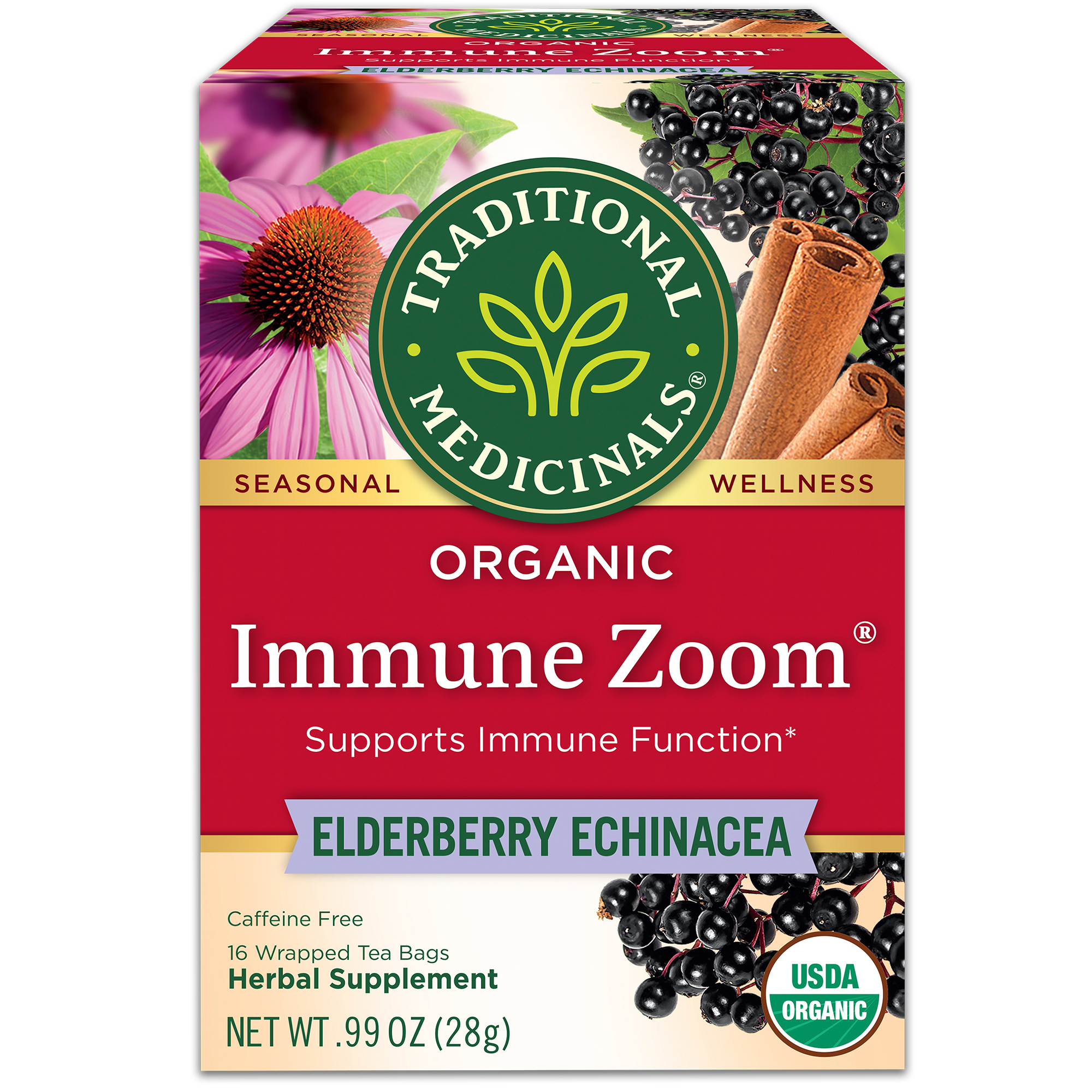 Traditional Medicinal Immune Zoom Elderberry Echinacea, Organic Tea Bags, 16 Count