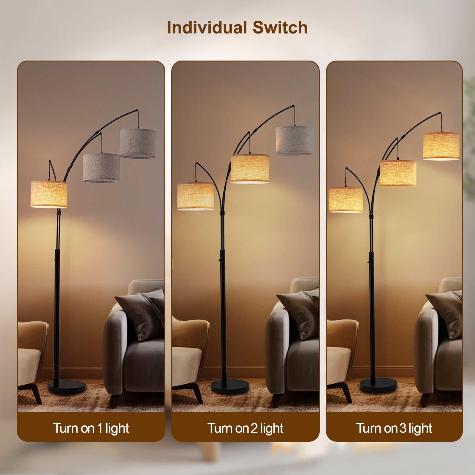 Netin 80” 3-Light Modern Dimmable Black Arc Floor Lamp with Beige Shades