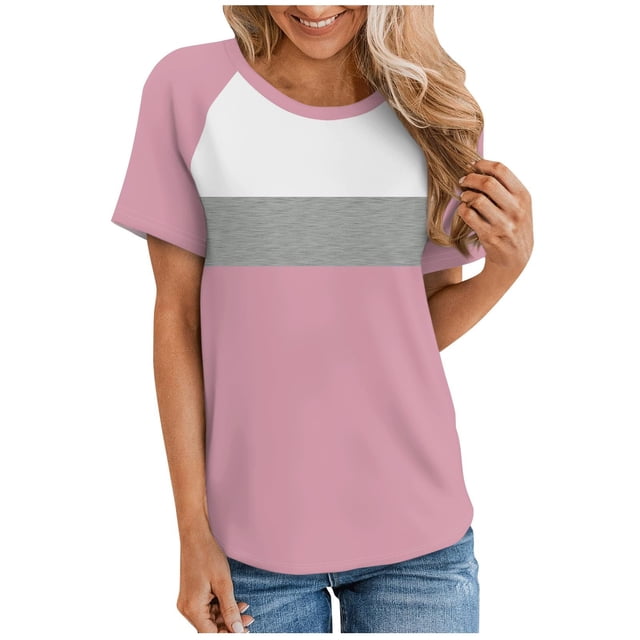 Timegard Haut pour Femmes Col Ras du Cou Épaules Tombantes Blouse à Manches Courtes Décontractée Confortable T-Shirt à Blocs de Couleur Haut