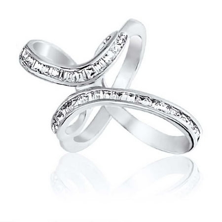 - Baguette Cut CZ Infinity Cross Ring Rhodium Plated