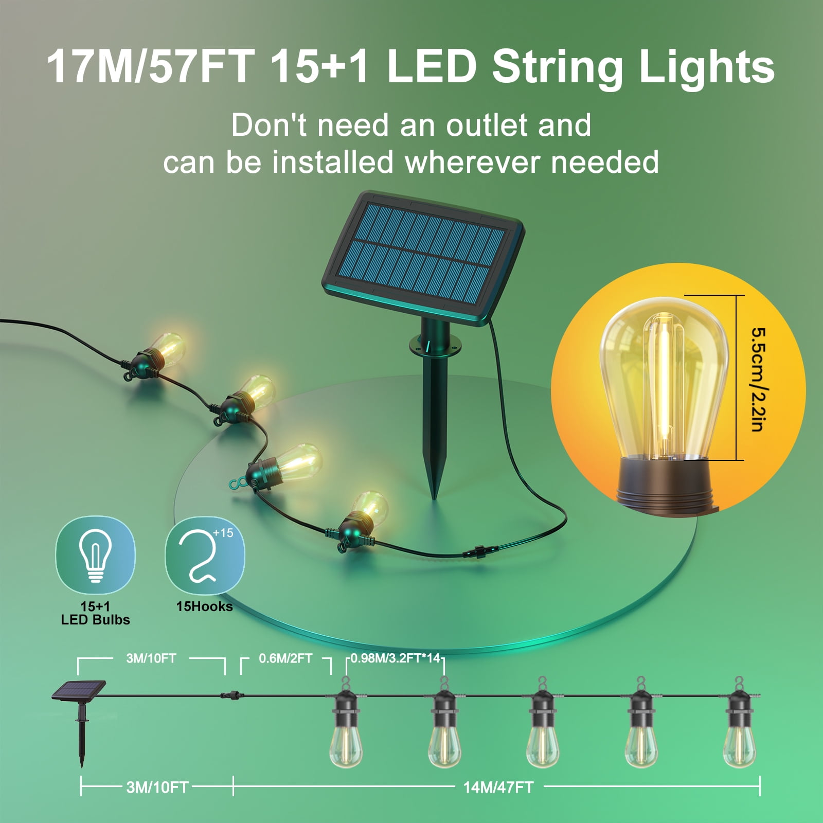 Quntis Solar String Lights Outdoor Waterproof, 57FT Solar Powered Patio String Lights with 15+1Bulb,  Solar String Lights with Dimming& 4 Light Mode for Backyard Party Garden Wedding