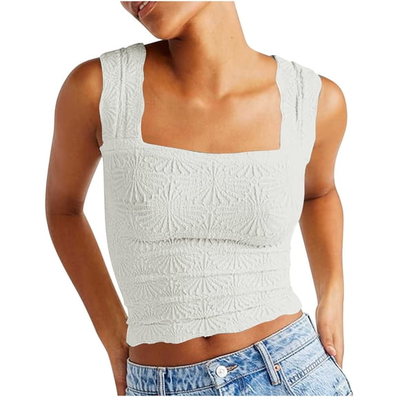 ClodeEU Women's Jacquard Square Neck Cropped Sleeveless Top with Wide Straps ,Slim Fit Casual Summer Tank Top White,Womens Plus L