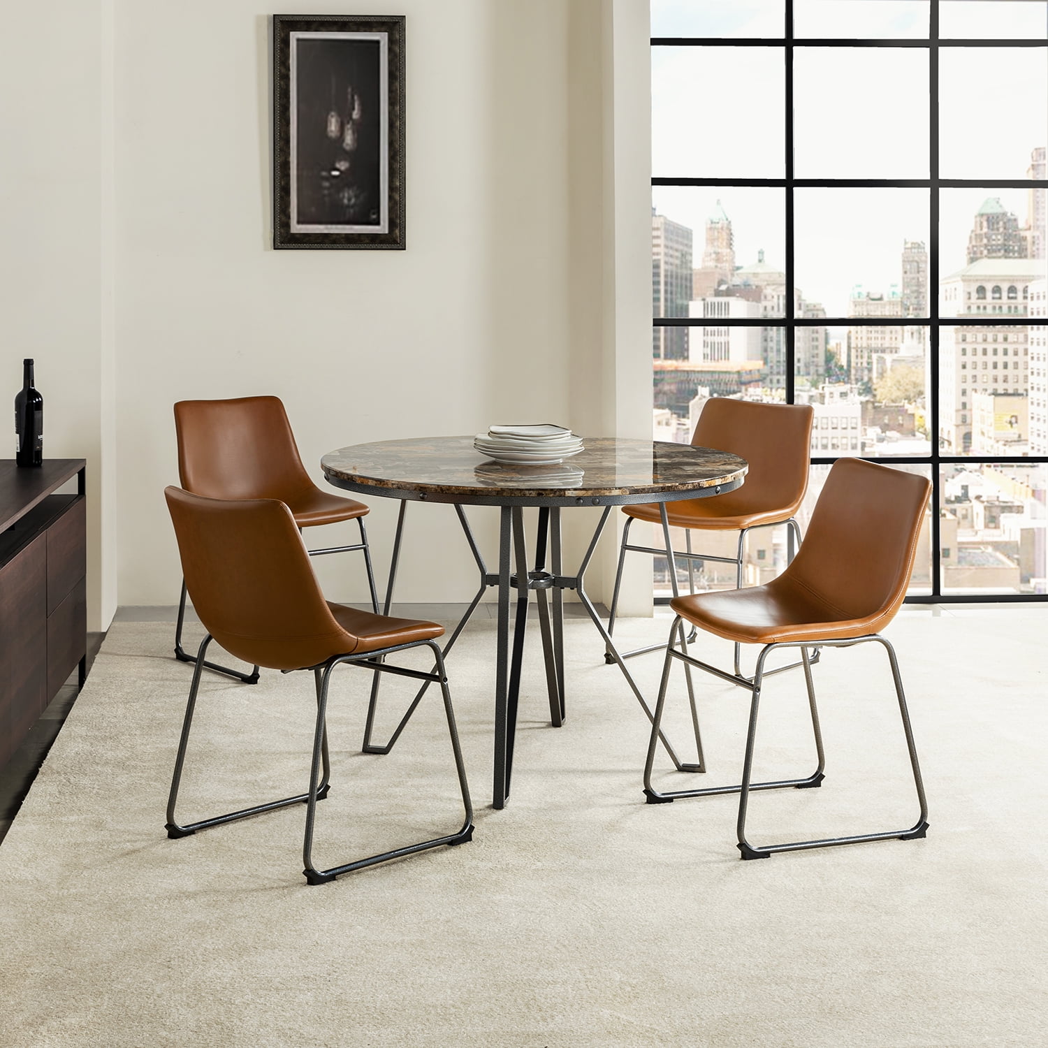 Contemporary Small Dining Table Set for 4 Round Table leather Chairs 5