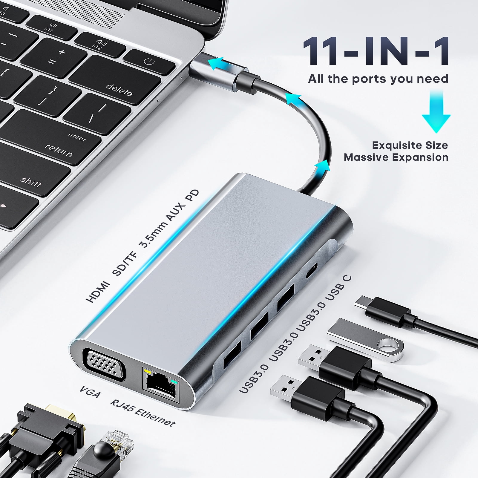 SUGIFT 11-in-1 USB C Hub Docking Station with 4K HDMI and SD Card Reader for Laptop and Tablet, Gray