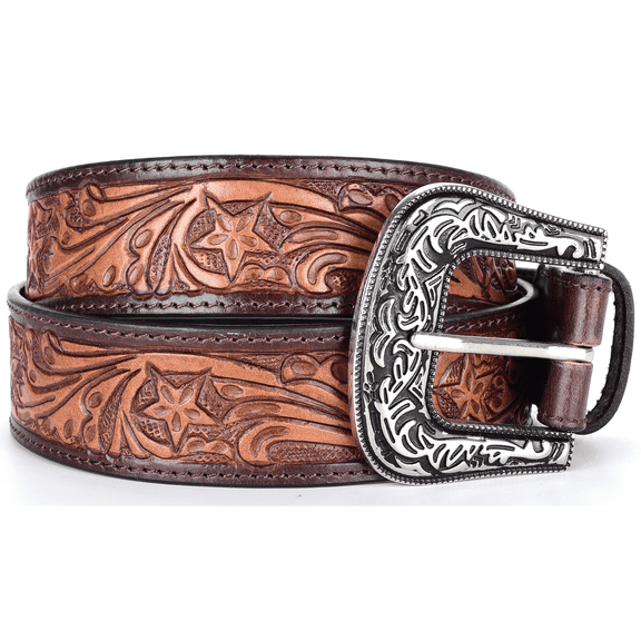 Resistance Western Leather Belt with Floral Engraved Buckle – Hand-Embossed Full-Grain Cowgirl Belt for Women’s Casual Wear, Plus Sizes Available