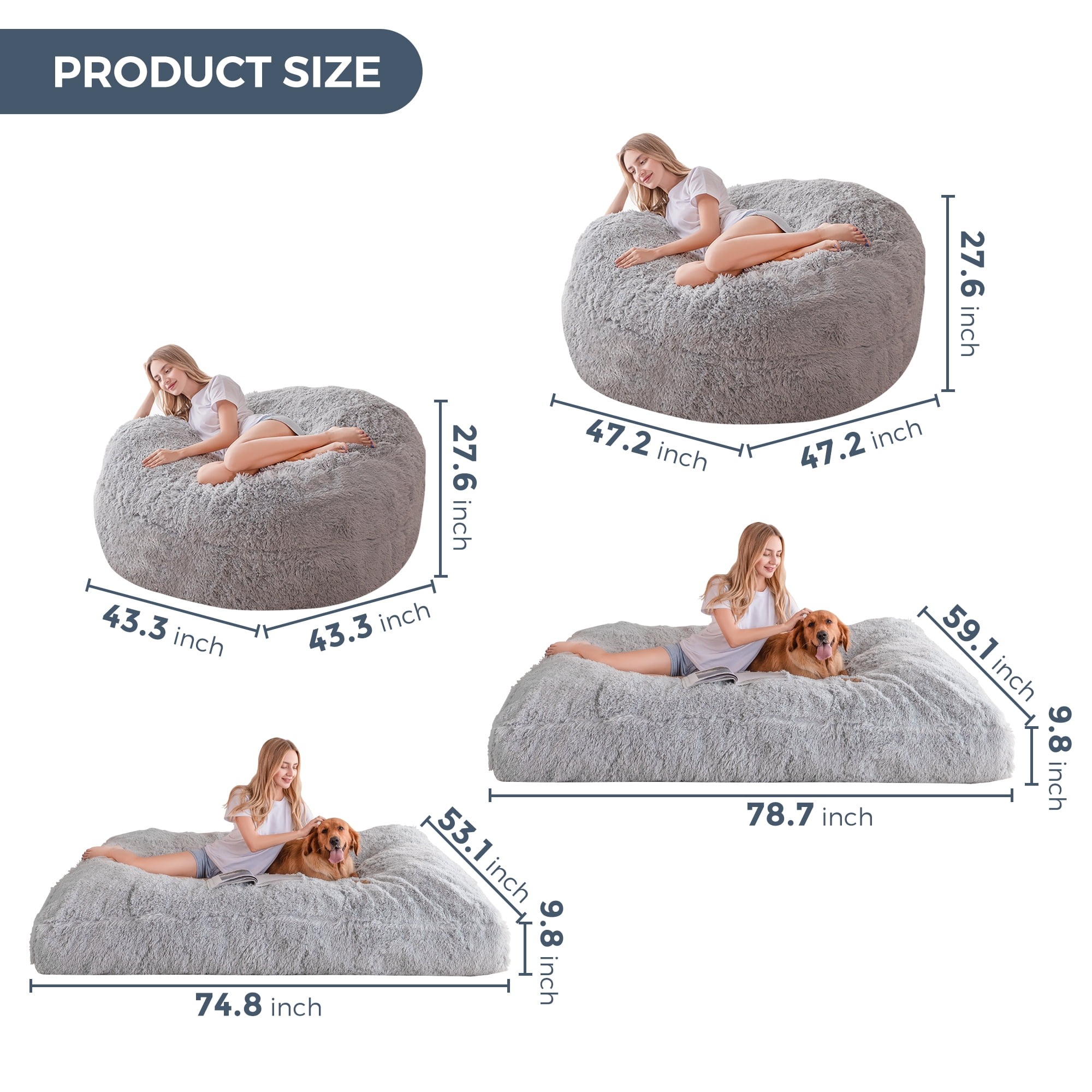 BYBYME Giant Bean Bag Chair Bed for Adults, Convertible Beanbag Folds from Lazy Chair to Floor Mattress Bed, Large Floor Sofa Couch, Big Sofa Bed, High-Density Foam Filling, Machine Washable,Queen
