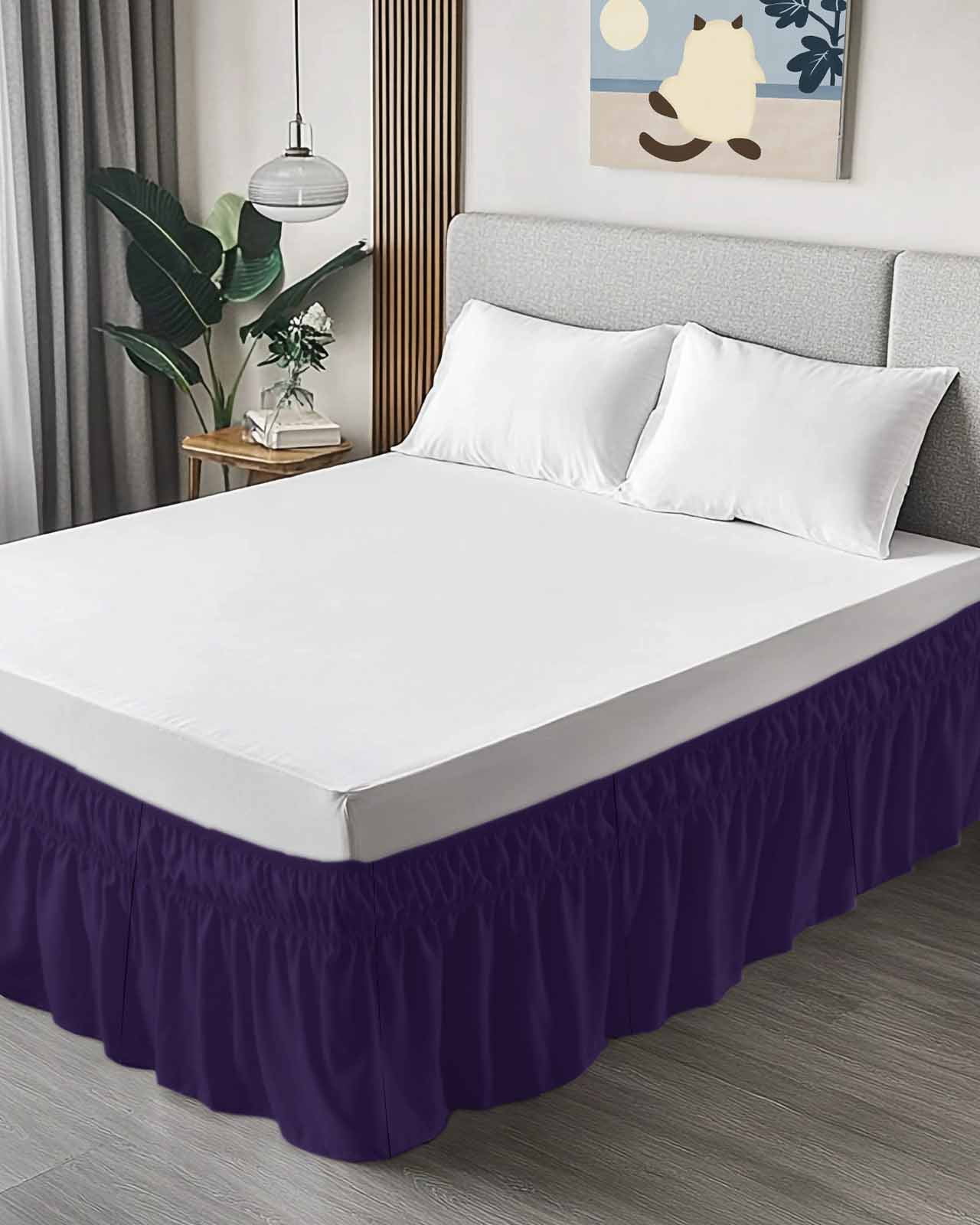 Solid Color Ruffle Bed Skirt Queen Size Dark Purple Adjustable Elastic Dust Bed Skirts Wrap Around Bedskirt Wrinkle Free Easy Fit with 16 Inch Drop