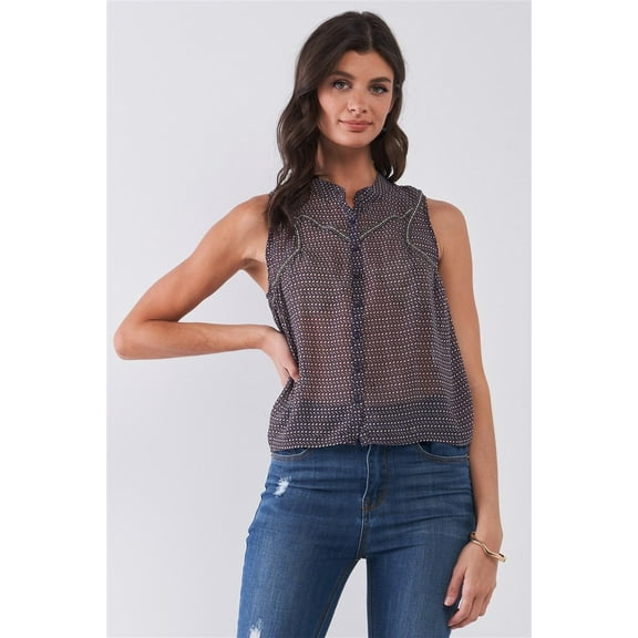 Purple & Multi Sleeveless Mock Neck Front Button Down Sheer Blouse Top