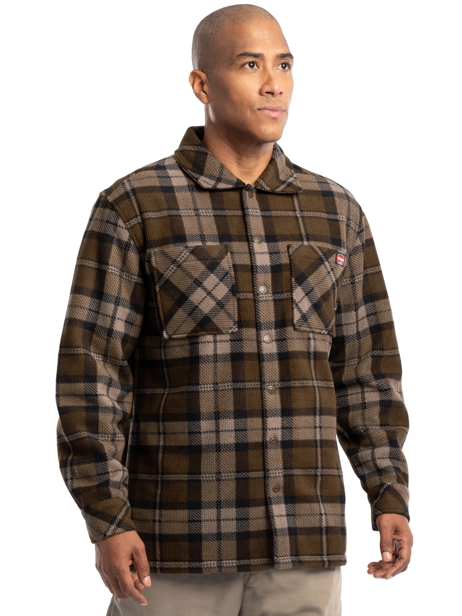 Wrangler Workwear Men's Button-up Bonded Flannel Texture Long Sleeve Overshirt, Size S-3XL