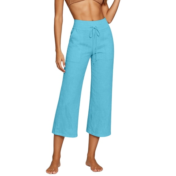 Wide Leg Capri Pants for Women High Waisted Cotton Linen Summer Pants Casual Drawstring Cropped Trousers with Pockets Sky Blue XL