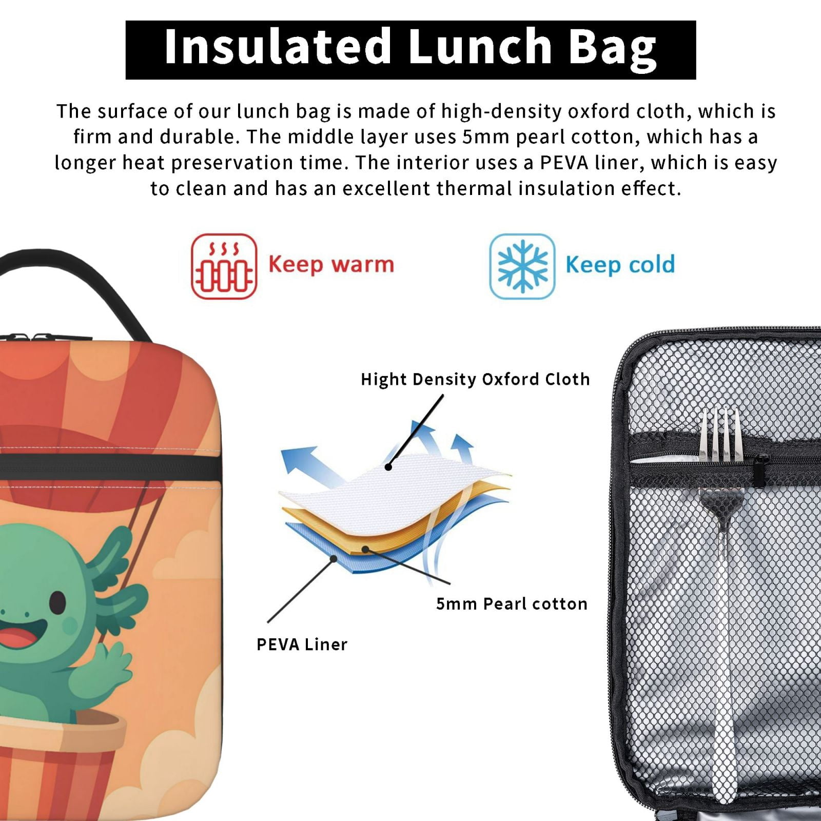 Lunch Bag For Women Men Insulated Portable Lunch Box Bento Box Office Picnic Travel Cooler Bag Axolotl Rides A Hot Air Balloon