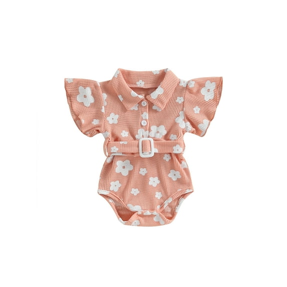 Wassery Baby Girls Romper Summer Casual Clothes 3 6 12 18 Months Infant Girls Short Sleeves Lapel Buttons Floral Jumpsuit with Waist Belt