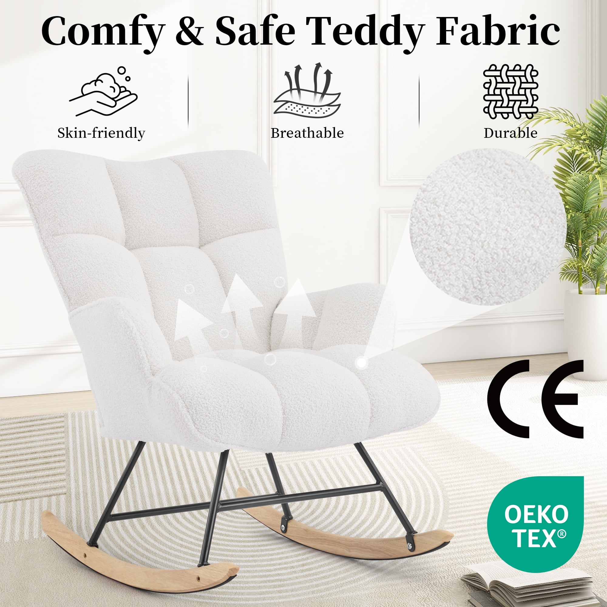 Nursery Rocking Chair Teddy, Upholstered Glider Rocker with High Backrest, Comfortable Stylish Accent Armchair with Padded Seat for Living Rooms, Bedrooms, Offices