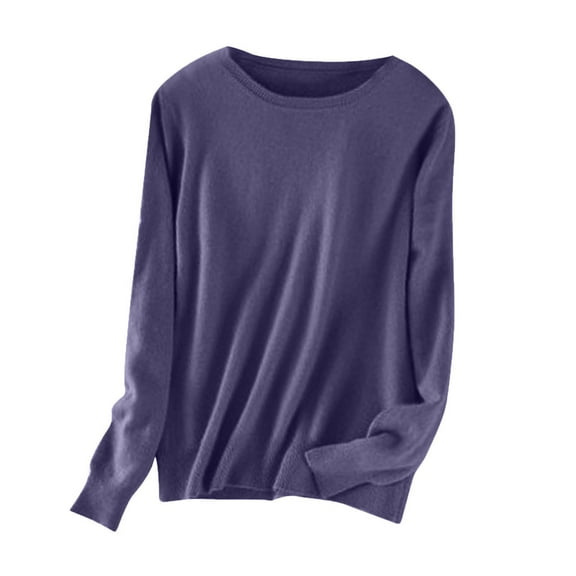 SnZhen Casual Tops for Women Fashion Solid Color Round Neck Long Sleeve Bottoming Pullover Shirt Tops Purple M