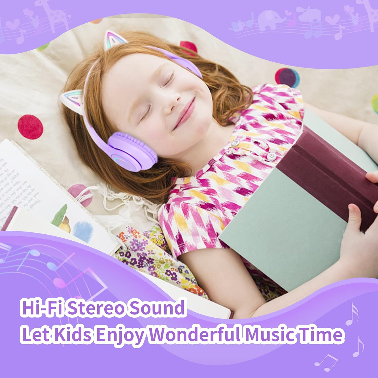 Yuehuam Cat Ear Headphones, Kids Bluetooth Headphone with Microphone, Foldable Comfortable and Adjustable Wireless/Wire Over Ear Headset for Girls Teenagers and Adults, Purple