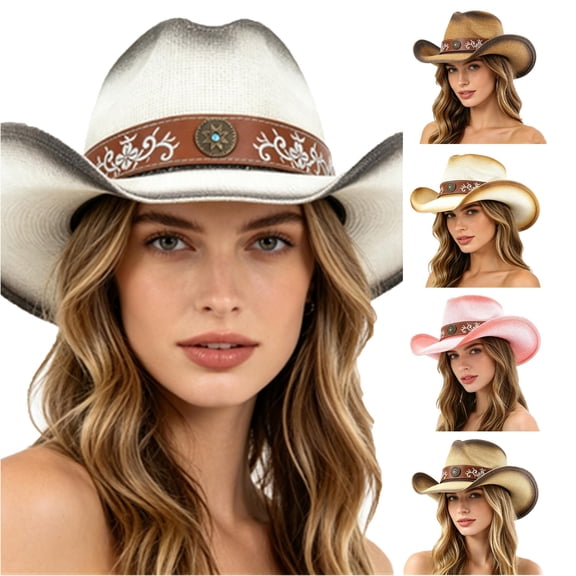 XIAOCHA Women's Breathable Straw Cowboy Hat Sun Protection Shapeable Brim Horse Riding Rodeo Cowgirl Hat,White
