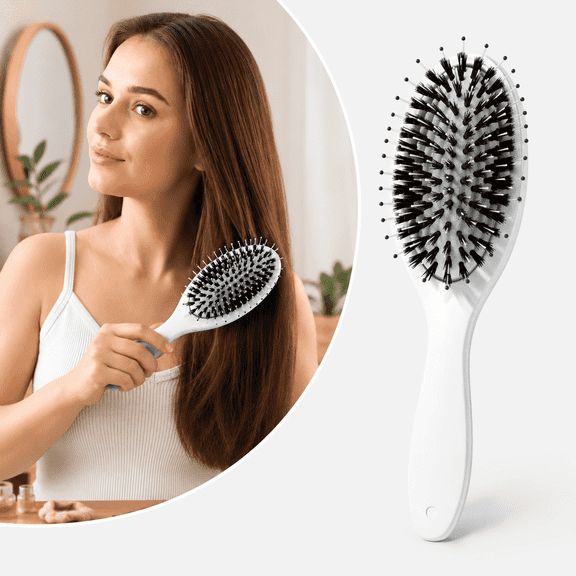 Boar Bristle Hair Brush Paddle, Natural Bristle & Nylon Detangling Brush with Scalp Massage Tips, Anti-Static Hair Brush for Smooth, Shiny, Frizz Control, All Hair Types