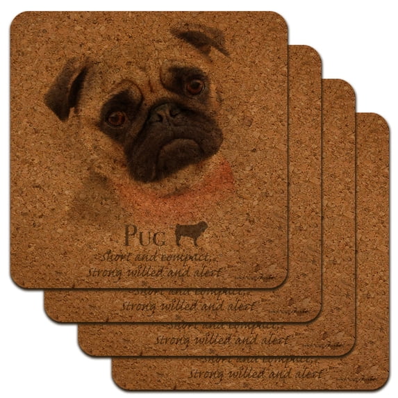 Pug Dog Breed Low Profile Novelty Cork Coaster Set