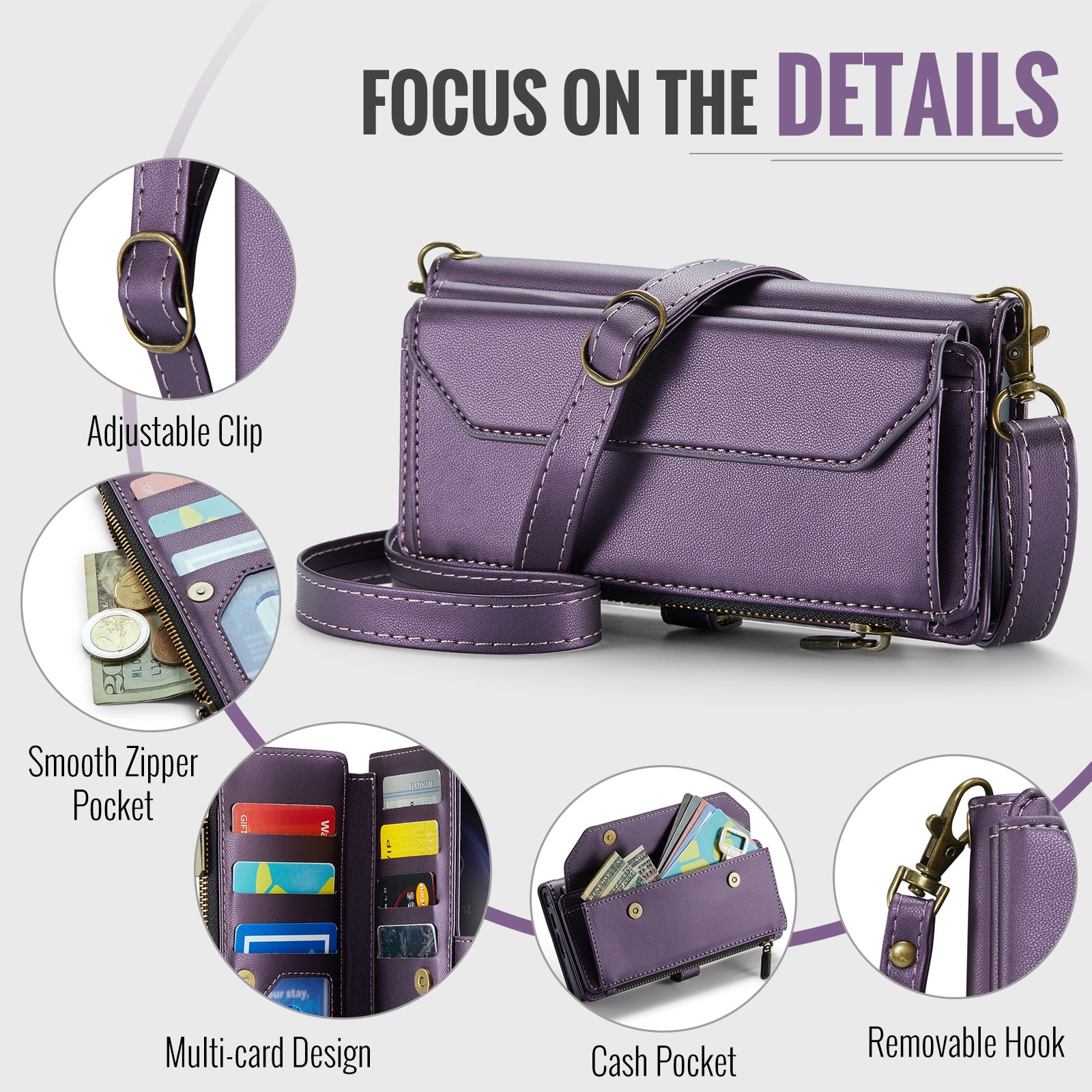 Compatible with Samsung Galaxy S23 Ultra 5G Zipper Wallet Phone Case Tempered Glass Screen Protector Crossbody Lanyard Strap Flip Card Holder Slot Cell Cover for S23Ultra 23S S 23 6.8 Women Purple