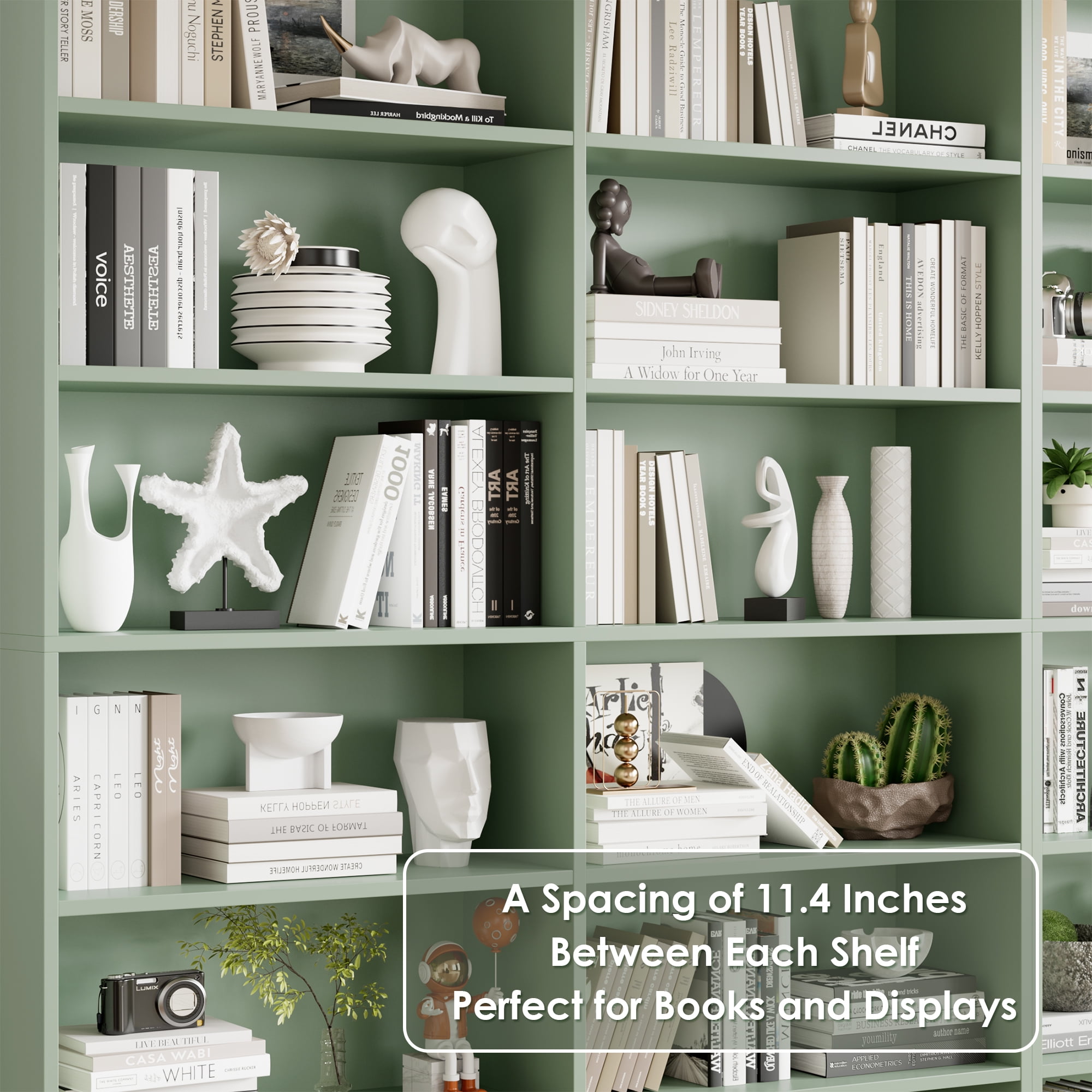 Homfa 74.3” Double Wide 6-Tier Bookcase, Extra Large Wooden Freestanding Display Bookshelf for Home Office Living Room, Green