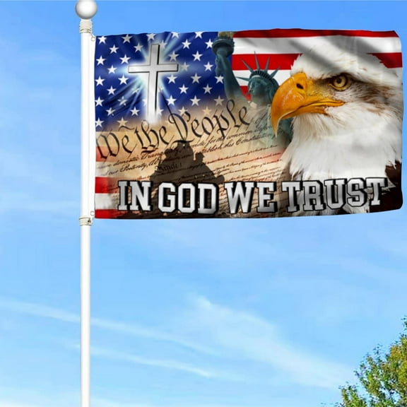 In God We Trust, We The People, Christian Cross American Eagle Flag Banner with Grommets 3x5Feet Man cave Decor