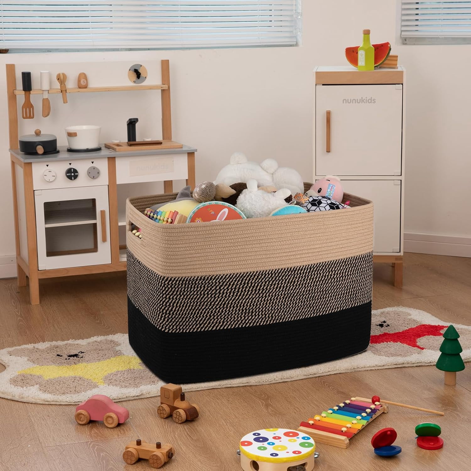108L Super Large Blanket Basket, 25”x16”x16” Rectangle Woven Baskets for Storage, Cotton Rope Basket For Living Room, Toy Storage with Handle- Yellow and Black