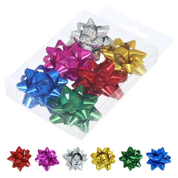Uxcell 6 Pcs Mini Lazos de Regalo en Forma de Estrella Pequeños Lazos Metálicos para Envolver Regalos Navideños Autoadhesivos Color Láser Mezclado