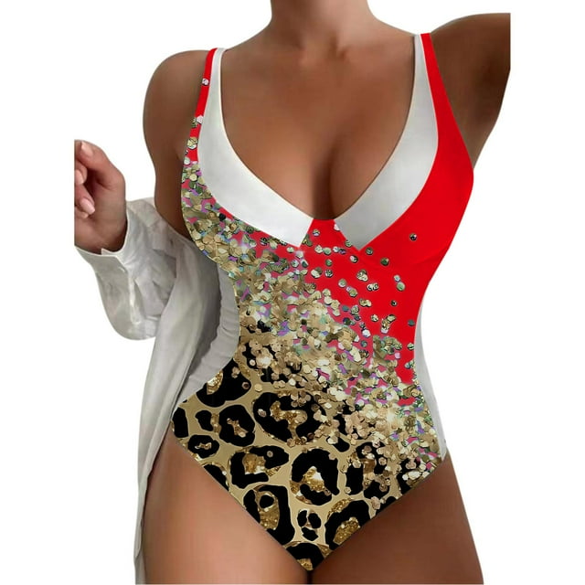 Aayomet Maillot de Bain une Pièce pour Femmes, Motif Guépard en V, Rouge TTG