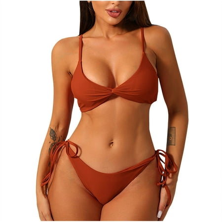 BSDJILFG Womens High Waisted Bikini 2-Piece Bathing Suit Solid Color Small Cups Balconette Bra String Thongs Underwear Summer Holiday Swimwear Beachwear Clearance
