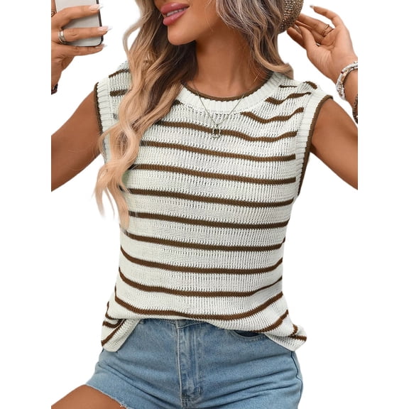 Women Sweater Vest Top Striped Sleeveless Knit Tank Tops Summer Outfits Brown XL