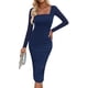 thumbnail image 1 of Vestido PRETTYGARDEN Midi Fruncido de Manga Larga Azul Marino XL, 1 of 8