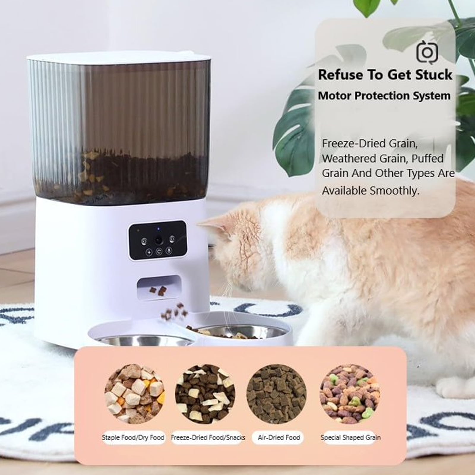 LASIEYO Smart Camera Automatic Cat Feeder for 2 Cats, 5L Food Dispenser with 2 Stainless Steel Bowl, App Control Smart Pet Feeder, for Dual Power Supply, Detachable for Easy Clean
