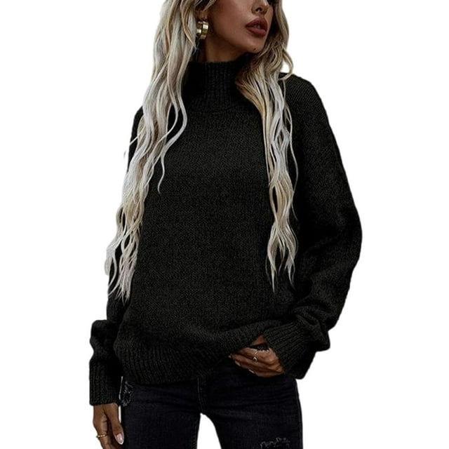 UKAP Pull Femme Col Roulé Manches Longues Tricoté Décontracté Hiver Noir L