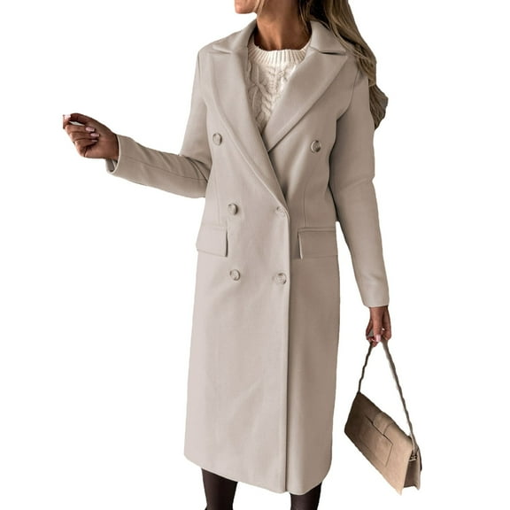 MGCWSH Womens Pea Coat Wool Single Double-Breasted Mid Long Trench Coat Winter Lapel Jacket Outwear Beige XL