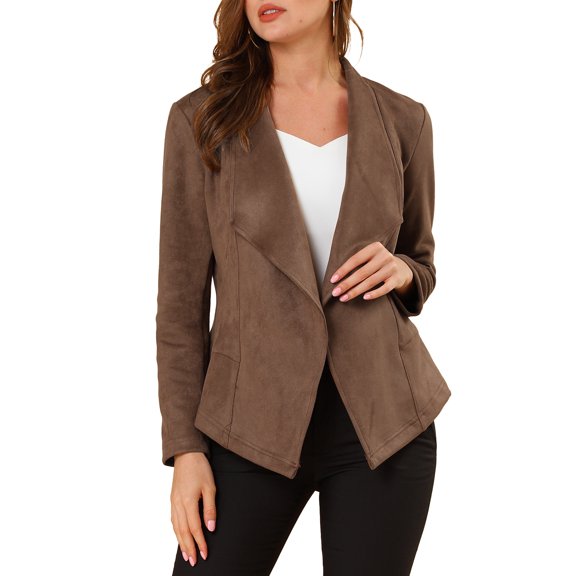 Unique Bargains Women's Faux Suede Jacket Open Front Lapel Draped Cardigan Blazers XS Light Brown