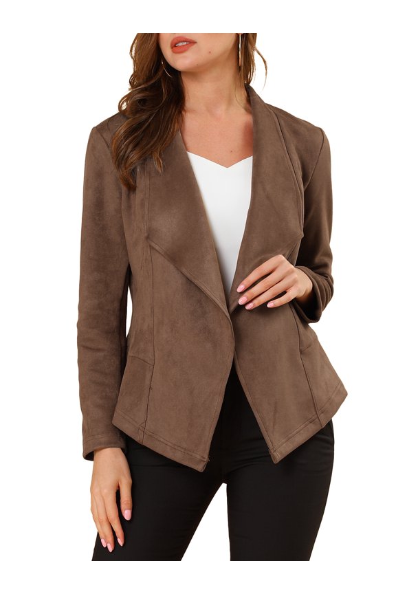 Women's Faux Suede Jacket Open Front Lapel Draped Cardigan Blazers S Light Brown