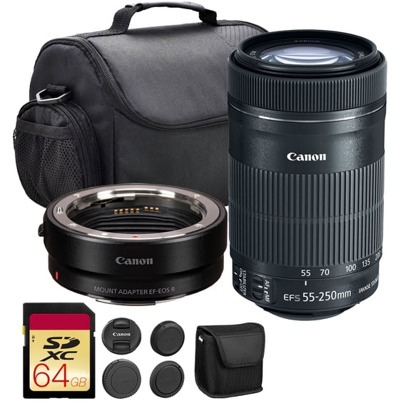 Canon EF-S 55-250mm f/4-5.6 IS STM Lens   EF-EOS R Adapter   Bag   64GB Card