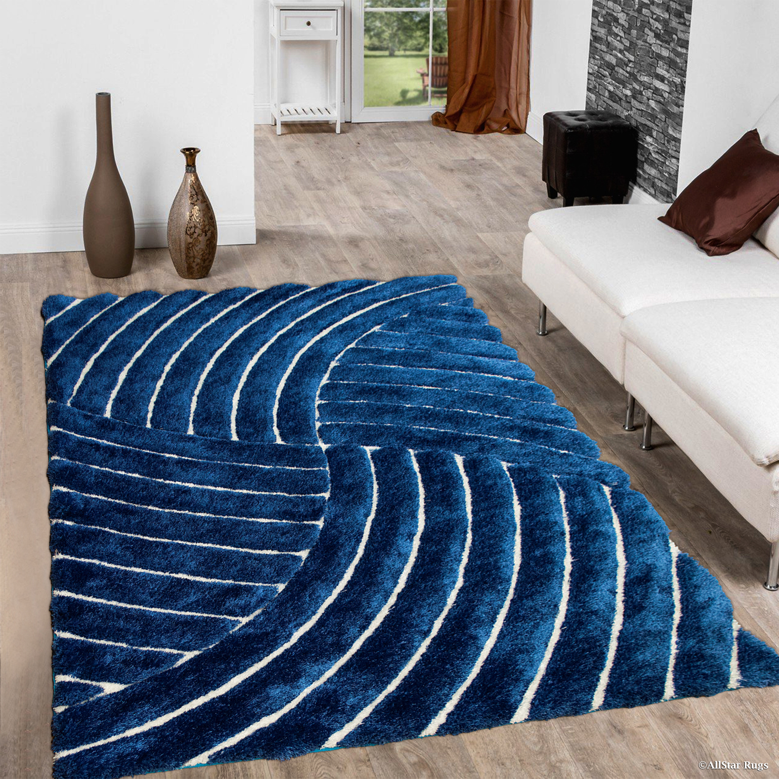 Allstar Blue Shaggy Area Rug with 3D Design with Lines. Contemporary