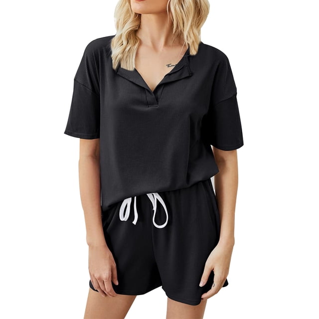 Pijama negro Ropa de abrigo para mujer Ropa de casa Pantalones cortos de manga corta de color liso Traje casual de dos piezas