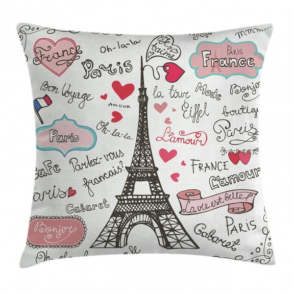 Eiffel Tower Throw Pillow Cushion Cover, Paris Lettering Heart Shapes Flag Ornamental Sketchy Doodle, Decorative Rectangle Accent Pillow Case, 26" X 16", Black White, by Ambesonne
