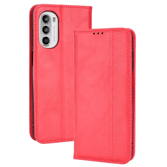 Compatible with Motorola Moto G52 Case Magnetic Closure Vintage Pattern PU Leather Wallet Cover with Card Slots-Red