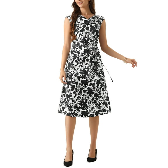 INSPIRE CHIC Women's Elegant Floral Cowl Neck Cap Sleeve Midi Dress XS White Black