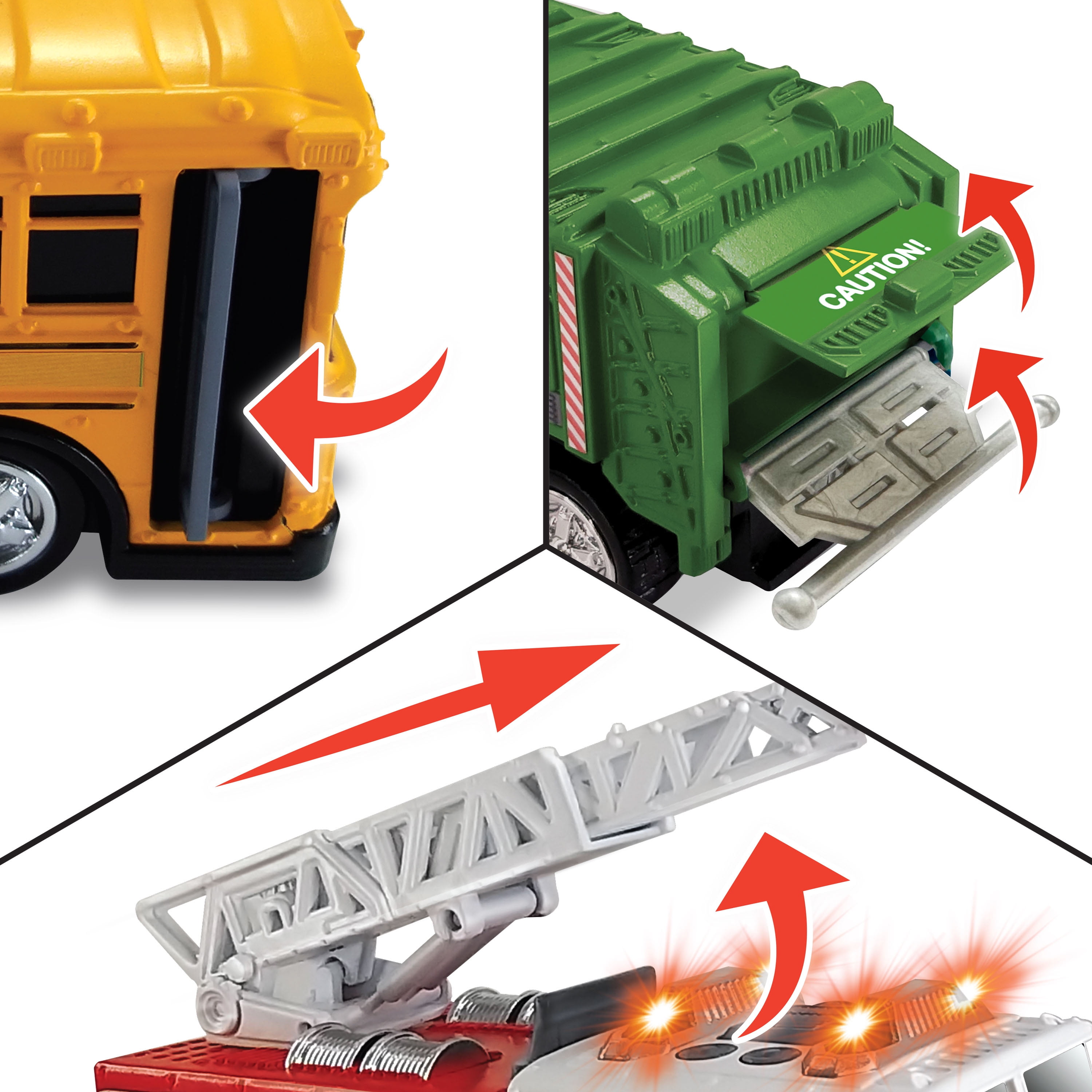 Adventure Force Light & Sound Mini City Service Vehicles, 3 pack, School Bus, Fire Truck and Recycling Truck