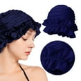 thumbnail image 4 of Yucurem Women Elastic Ruffle Swim Cap Hat, Portable Non-Squeezing Shower Cap, Ear Protection Swimming Cap for Long Short Hair (Navy Blue), 4 of 10