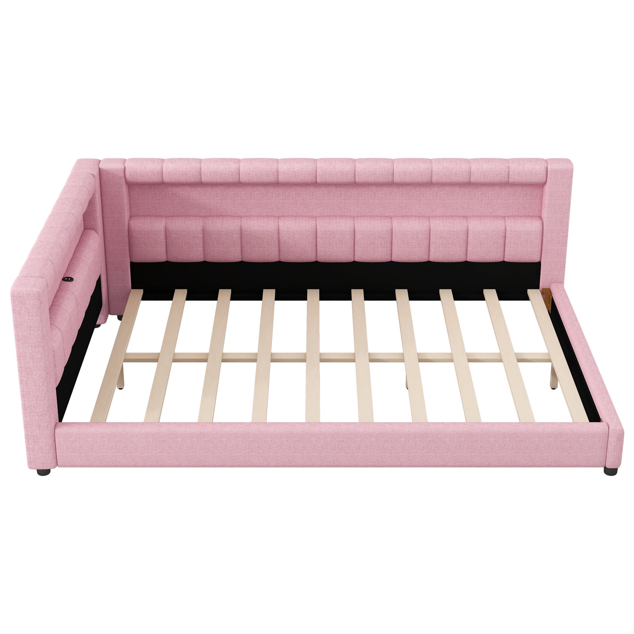 Noble House Dexter Full XL Linen Upholstered Platform Bed with LED Light Belt and USB Ports, Wood Frame, Pink