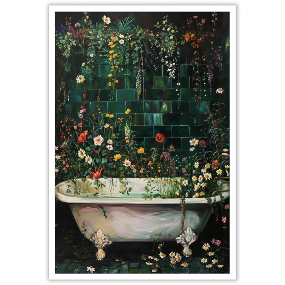 Botanical Bathtub Floral Bath Wall Art Wildflowers Bathroom Poster Moody Country Wildflowers Canvas Prints Decor Vintage Dark Green Plants Flower Prints Painting